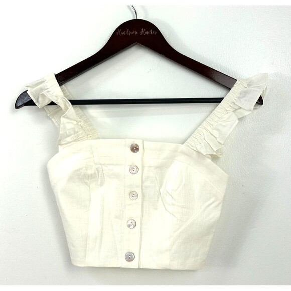 Choosy Amanda XS White Cream Cropped Top Center Buttons Ruffle Lined Smocked U4 - Picture 3 of 13